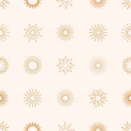 Boho Golden Sun Seamless Pattern in Minimal Liner Style. Vector Pink Background for Fabric print,...