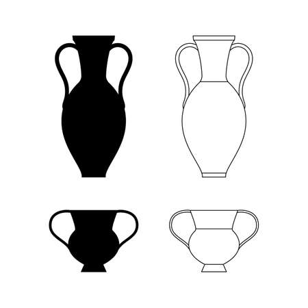 Greek Vases Black Silhouettes in A Simple Style. Vector Illustrations of various Clay Vesselsのイラスト素材