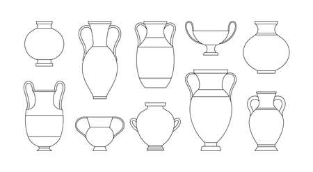 Greek Vases in A Trendy Minimal Linear Style. Vector Illustrations of various Clay Vesselsのイラスト素材