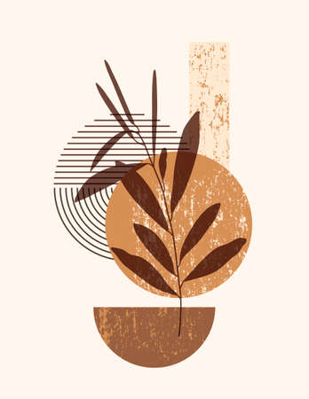 Abstract Boho Illustration with Abstract Shapes and Leaves in Trendy Minimal Style. Vector Contemporary Backgroundのイラスト素材