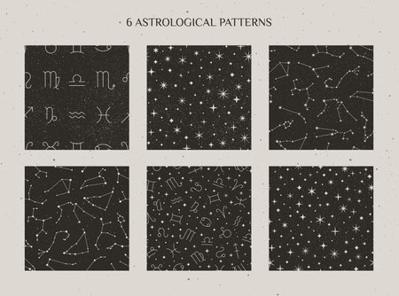 Set Zodiac Constellations and Astrology Signs Seamless Pattern on the starry black background. Vector Cosmic backdrops.のイラスト素材