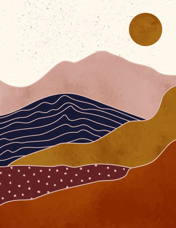 Abstract Landscape of Mountains with the Sun in a Minimal Trendy Style. Vector Background in Terracotta Colorsのイラスト素材