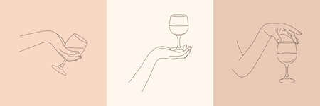 Set of Womans Hands Holding a Wineglass of in Minimal Trendy Style . Vector Line Illustration of Female Handsのイラスト素材