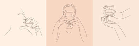 Set of Female Figures Holding a Glass of Wine in a Minimal Trendy Style. Vector linear illustrations of womens bodiesのイラスト素材