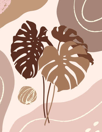 Botanical Art with Tropical Monstera Leaves and Organic Shapes in Minimal Trendy Style.のイラスト素材