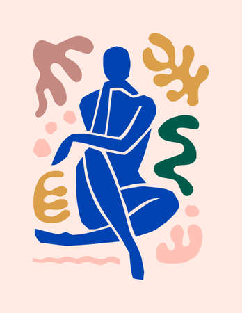 Matisse-inspired Abstract Art of the Female Figure and Organic Shapes in a trendy minimalist style. Vector collageのイラスト素材