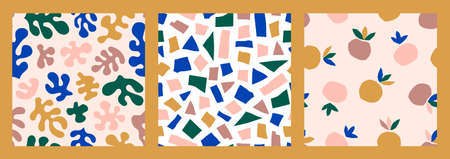 Matisse Inspired Abstract Art Seamless Pattern Set with Organic Shapes, Peach in a trendy minimal...