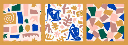 Matisse Inspired Abstract Art Seamless Pattern Set with female Figure and Organic Shapes in minimal style. Vectorのイラスト素材