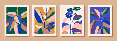 Set Abstract Floral Posters in Contemporary Minimalist Style. Vector Colorful Tropical Backgrounds. Art Collageのイラスト素材