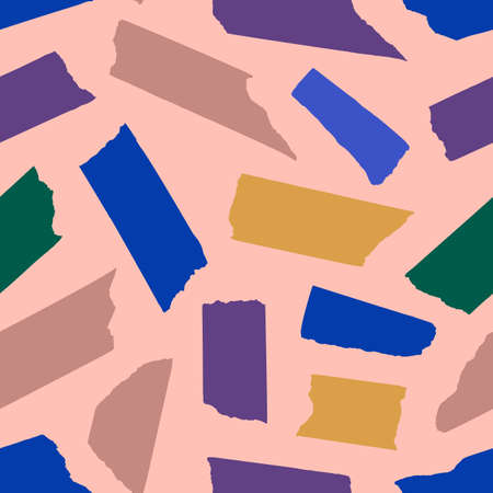 Washi Tape Pieces Seamless Pattern in Contemporary Style. Vector Pink Backgroundのイラスト素材