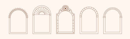 Boho Frames Set in Trendy Minimal Liner Style. Vector Bohemian Borders for Creating Postcard, Postersのイラスト素材