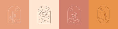 Boho Landscape Logos Set in Trendy Minimal Liner Style. Vector Bohemian Labels with Desert, Mountain, Sun and Moonのイラスト素材