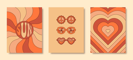 Groovy Hippie 70s Posters Set. Vector Psychedelic Background: Rainbow Heart, Sun Rays, Sunglasses in Trendy Retro Styleのイラスト素材