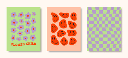 Y2K Posters Set. Vector Psychedelic Background: Daisy Flowers, Melting Smiling Faces, Check Board