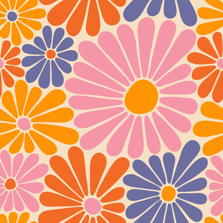 Groovy Daisy Flowers Seamless Pattern. Floral Vector Background in 1970s Hippie Retro Styleのイラスト素材