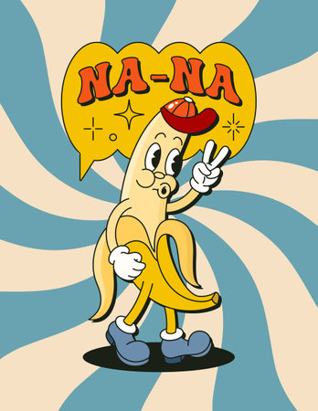 Retro Cartoon Character Banana Fruit Poster. Vector Funny Comic Illustration in Trendy Groovy Styleのイラスト素材