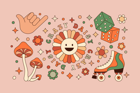 Groovy Elements Set in Retro Hippie Style 70s . Geometric Abstract Vector Stickers: Daisy Flower, Hand, Mushroom, Rollerのイラスト素材