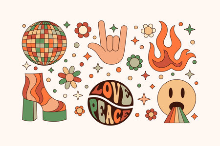 Groovy Elements Set in Retro Hippie Style 70s . Geometric Abstract Vector Stickers: Disco Ball, Rock Hand, Fire, Shoeのイラスト素材