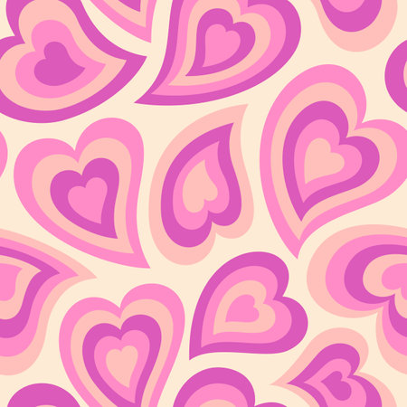 Groovy Hearts Seamless Pattern. Psychedelic Distorted Vector Background in 1970s-1980s Hippie Retro Styleのイラスト素材