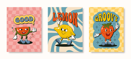 Retro Cartoon Character Fruit Poster Set. Vector Funny Comic Illustration with Watermelon, Lemon and Strawberryのイラスト素材