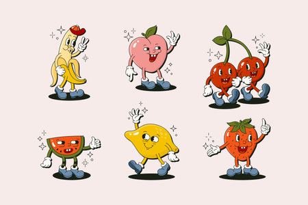 Retro Cartoon Character Fruit Set. Vector Funny Illustration with Banana, Cherry, Lemon, Strawberry, Watermelon, Peachのイラスト素材