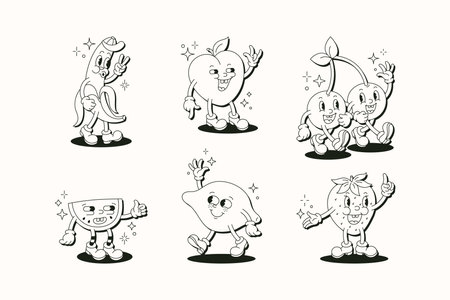 Retro Cartoon Character Fruit Set. Vector Funny Illustration with Banana, Cherry, Lemon, Strawberry, Watermelon, Peachのイラスト素材