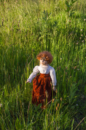 Doll walking in the grassの写真素材