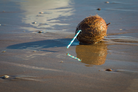 The summer ia almost gone. Coconut with straw lying in sea water at the empty beach in the quiet evening.の写真素材
