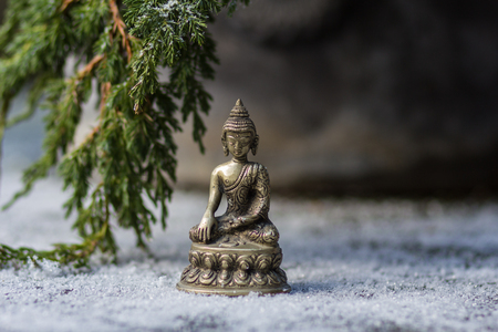 Statuette of metal Buddha and branch of fir-tree in the snowの写真素材