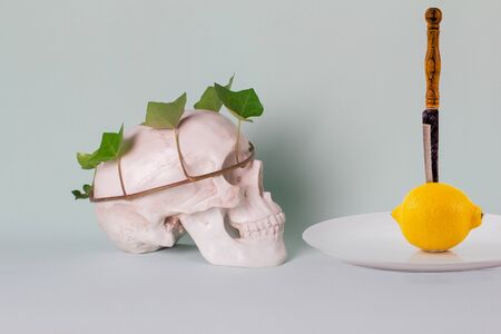 Halloween, Skull with a wreath and a lemon on a plateの写真素材