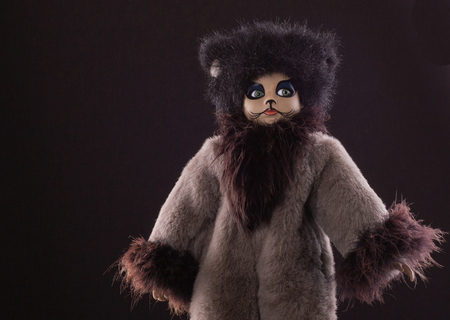Halloween toys. Fabulous doll-pussycat festive costume masquerade  with green eyes on a black backgroundの写真素材