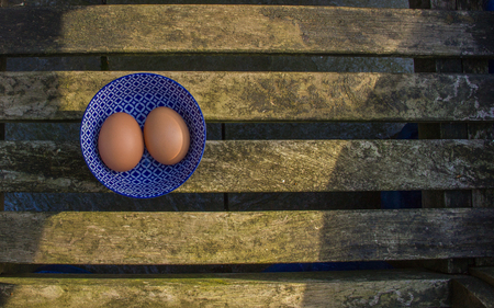 Two eggs on the wooden background in a sunshineの写真素材