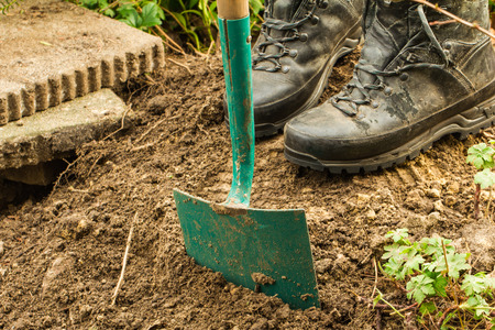 Work at home concept. Retired puts a tile for path on him garden.の写真素材