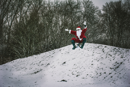 Santa Claus sledging from snow-covered hill with hands up.の写真素材