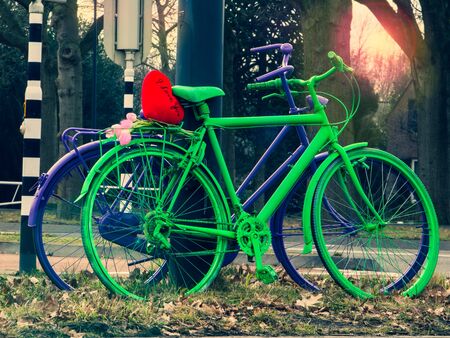 Two beautiful bicycles with flowers and red heart on a background of winter park. Tulips on valentine day.の写真素材