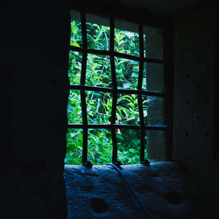 Empty window holes with metal bars. The view from the dark room to the outside, where the light and greenery of wildlife.の写真素材