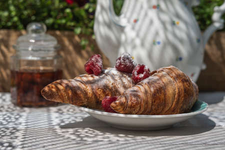Spring / summer coffee break with croissants berries and jam. Table outdoor in sunlight.の写真素材