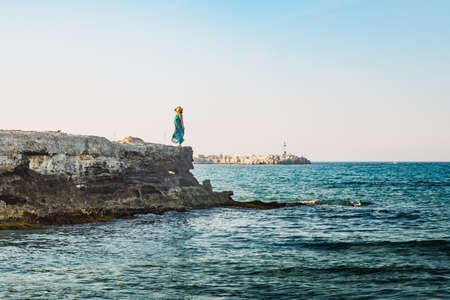 Sea view with horizon, Zuidoost-ItaliÃ«, Puglia coastline. Adriatic sea.の写真素材