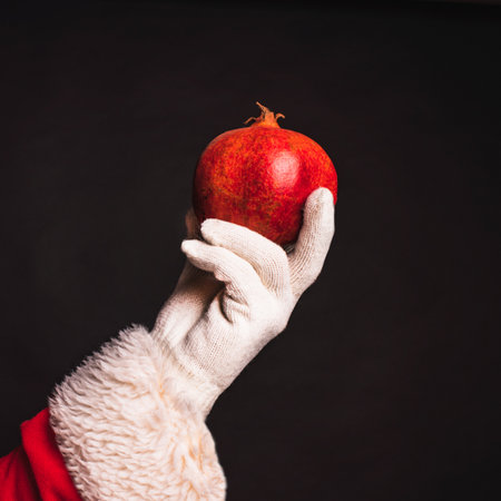 Santa Claus in traditional costume is holding a fresh red pomegranate. Healthy diet.の写真素材
