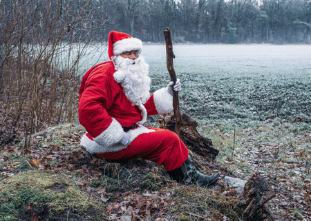 Cheerfull Santa Claus in a traditional red costume sits resting  in the winter forest with a stick in his hand, looking at kamera and smiles.の写真素材