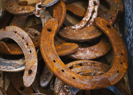 The horseshoes which were in the use lie in a thick layer. Abstract background of textured rusty metal, lot of used horseshoes.の写真素材