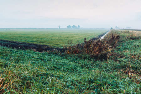 Agriculture in the Netherlands. A ditch is a small to moderate divot created to channel water, source for plant irrigation.の写真素材
