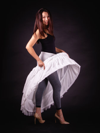 Asian beautiful woman in a white fluffy skirt stands in a coquettish pose on a black background legs in shoes with high heels, body posture, profile view.の写真素材