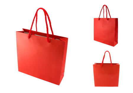 Shopping bag paper red color isolates on white background (clipping path includes)の写真素材