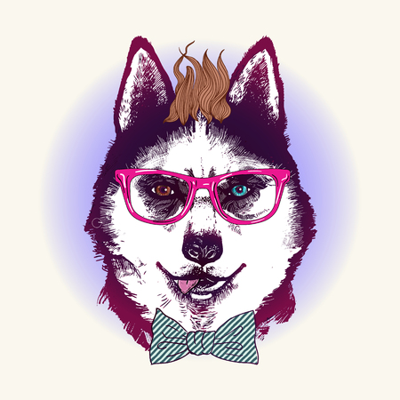 Hipster husky dog in sunglasses. Hand drawn fashion animal illustration.のイラスト素材