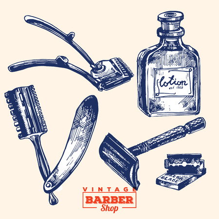 Vintage barbershop elements. Set 2. Including razor blade, shaver, lotion bottle and hair clippersのイラスト素材