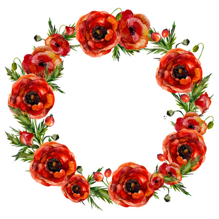 Watercolor floral wreath. Fashion boho style (shabby chic, hippie). Watercolor poppies round frame.のイラスト素材