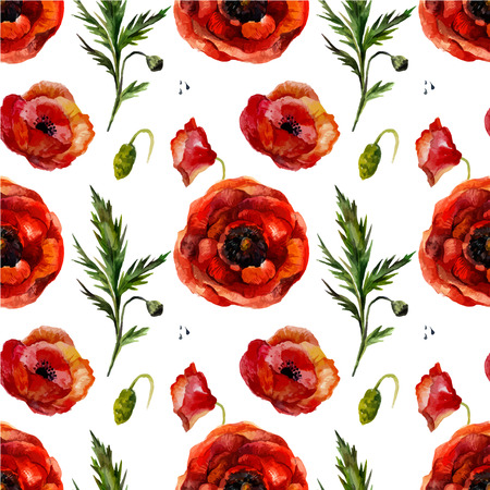 Watercolor poppies seamless pattern. Retro seamless floral pattern with vintage aquarell red flower poppy.  Fashion boho style (shabby chic, hippie)のイラスト素材