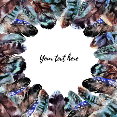 Watercolor boho feather round frame. Card template in boho, gypsy, shabby style.のイラスト素材