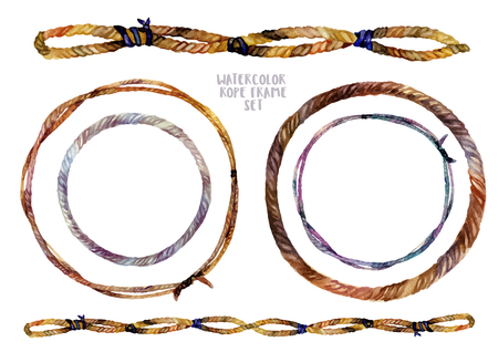 Watercolor Boho Chic design elements. Hand drawn collection of decorative frames, borders and wreath bases made of braided ropes isolated on white. Illustration in trendy vintage style.のイラスト素材
